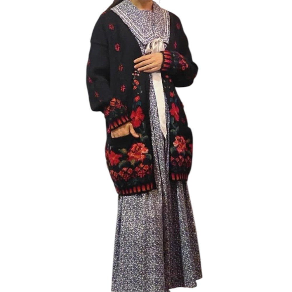 Laura Ashley Vintage Floral Embroidered Black Baba Yaga Cardigan - Picture 3 of 17